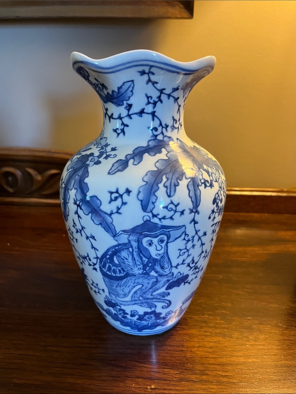Delicate Blue and White Monkey Motif Ceramic Vase Vintage